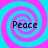 Four identical spiral patterns with alternating cyan and magenta rings, each containing the word "Peace" in black pixelated text.