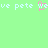 Pixelated text 'we pete' and 'love pete' on a green background with a pink heart symbol replacing the 'o' in 'love'.