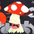 Pixelated red-and-white mushroom with wide eyes and open mouth, set against dark background with gray shapes.