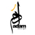 Pixelated black and white icon with orange accent, depicting a stylized figure holding a vertical object and a curved shape above it.
