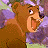 Brown cartoon bear with open mouth and wide eyes, set against a purple and green pixelated background.