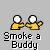 Pixelated animation of two yellow figures with white heads shaking hands, then one figure holding a cigarette, followed by smoke and fire effects.