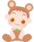 Pixelated cartoon character with brown mouse ears, golden eyes, and a green bow tie sits in four distinct poses against gray background.