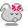 Pixel art contact sheet of four bunny character frames with pink bow, closed eyes in first two frames and open eyes in last two frames, some frames showing red heart symbols.