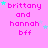 Pink background with repeated text 'brittany and hannah bff' in magenta, surrounded by small cyan and light purple stars.