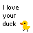 Pixel art contact sheet showing three animated frames of yellow duck characters with text about loving a 'duck' and its 'ducky goodness'.