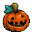Pixelated orange pumpkin with teal leaves and brown stem, displaying multiple facial expressions including smiling, frowning, and glowing eyes.