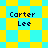 Pixelated text 'Carter Lee' appears on a yellow and cyan checkered background with varying arrangements