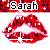 Red lips with white highlights and small plus symbols on a white background, labeled 'Sarah' in black text above.