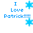 Blue pixelated text 'I Love Patrick!!!!!' with blue snowflake icons on white background, showing animation changes in icon positions.