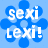 Blue background with white text 'sexi Lexi!' over a blue floral pattern, displayed in three identical on a light gray backdrop