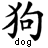 Black Chinese character '狗' with pixelated edges and the English word 'dog' in lowercase below it on a white background.