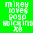Green background with white pixelated text reading 'mikey loves popo sticking xe' in four lines, with a blue gradient effect on the lower-left version.