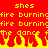 Red background with yellow pixelated text and flame graphics showing repeated phrases and dancing figures.
