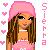 Pixelated image of a person with long brown hair wearing pink headwear and clothing, surrounded by small pink hearts on the left side.