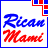 Blue and red text 'Rican Mami' on white background with blue border and red-blue corner squares.