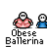 A 4x4 contact sheet of pixel art frames showing an obese ballerina character in a pink dress with arms extended, accompanied by a smaller blue figure, against a gray background.