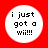 Four identical white circular icons on a solid red background, each containing black pixelated text reading "i just got a wii!!!" in three lines.