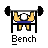Pixel art of a person bench pressing with yellow limbs, white torso, blue shorts, and black barbell on gray background.
