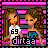 Animated contact sheet of a pixel art character with long brown hair in various poses, wearing white and blue clothing against pink-and-gray striped background.