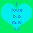 Two identical blue hearts on green background with blue text reading 'i love b.o m.w c.l' inside each heart.