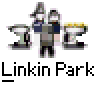 A contact sheet of seven animated frames showing Linkin Park-themed buddy icons with various character and symbol designs, all featuring the text "Linkin Park" beneath each frame on a gray background.