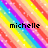Rainbow striped background with diagonal bands of red, orange, yellow, green, blue, and purple, scattered white pixel dots, and black text reading "michelle" in the center.