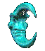 A turquoise moon-shaped icon with a human face, displaying multiple poses showing rotation and partial face visibility.