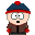 Pixelated cartoon character in blue hat with red trim and brown jacket, showing mouth expressions from open to closed across frames.