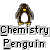 Pixelated penguin with brown body, white belly, yellow beak and feet stands above text reading Chemistry Penguin on gray background.