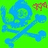 Blue abstract shape with curved lines and circular elements on bright green background, with small brown pixelated area in upper right.