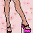 Pixel art contact sheet showing three frames of a cartoon woman in pink and purple clothing with high heels, against a light pink background with blue speckles, featuring red text at the bottom.