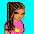 Pixel art of a girl in pink pajamas with yellow duck and white cloud motifs, standing against cyan background.