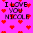 Pixelated pink background with red hearts and black text reading "I LOVE YOU NICOLE" in four repeated sections.