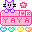 Pixel art cat avatar with purple body and black whiskers, sitting atop pink text box with 'YAYA' repeated, surrounded by colored star and heart icons.