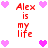 Pixelated red text 'Alex is my life' surrounded by pink and purple heart icons on a white background.