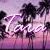 Pixelated neon-style text 'Tavor' over palm trees against a pink-purple gradient sky, with color variations between frames.