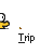 A yellow cartoon character with a white spherical head and black eyes performs sequential actions above the text 'Irip' on a gray background.