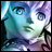 Pixelated anime-style character face with blue-purple hair and light blue eyes, next to stylized text on a black background.