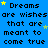 Blue background with repeated pixelated text 'Dreams are wishes that are meant to come true' and scattered yellow and light blue stars.