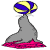 A pixelated animated icon of a seal balancing a striped ball on its nose, shown in two sequential frames with slight pose differences against a gray background.