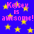 Blue background with yellow stars and repeated pink text reading "Kelsey is awesome!" in a pixelated style.