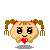 Pixel art character with brown pigtails and red hair ties, holding a heart in one pose, wearing a red bow on head in another, all against gray background.