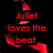 Red text on black background with red abstract shapes, displaying Shakespearean quotes about Juliet and Romeo.