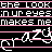 Pixelated text displays 'the look in ur eyes makes me cr-azY' across two color schemes with animated black starbursts on red and black backgrounds.
