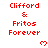 Red pixelated text "Clifford & Fritos Forever" appears in three vertical with red heart symbols below each on a white background