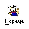 Pixel art Popeye character in blue overalls and red shirt with white hat, holding a pipe, displayed across five animated frames on gray background.