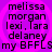 A static image with a purple background displaying repeated text in black pixelated font listing names and 'my BFFLS' across four identical sections.