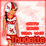 Pixelated cartoon-style buddy icon featuring a female character in cheerleading attire with red and white colors, standing against a pink background with text elements.