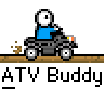 Pixel art contact sheet of a 9-frame animated icon showing a white stick figure driving an ATV across dirt mounds with text "ATV Buddy" below each frame.